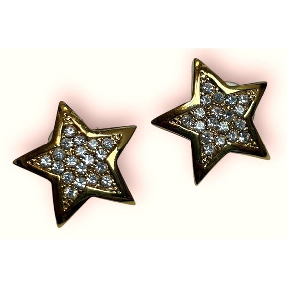 Vintage St. John Clear Rhinestone Crystal Gold Tone Star Pierced Earrings - Picture 2 of 8